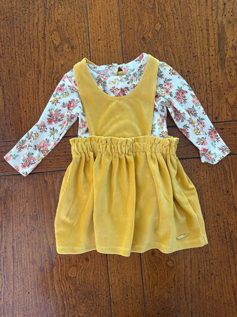 Corduroy Pinafore Dress, Baby Girl, Mustard Yellow, Soft Floral Onesie, 3-6 mo